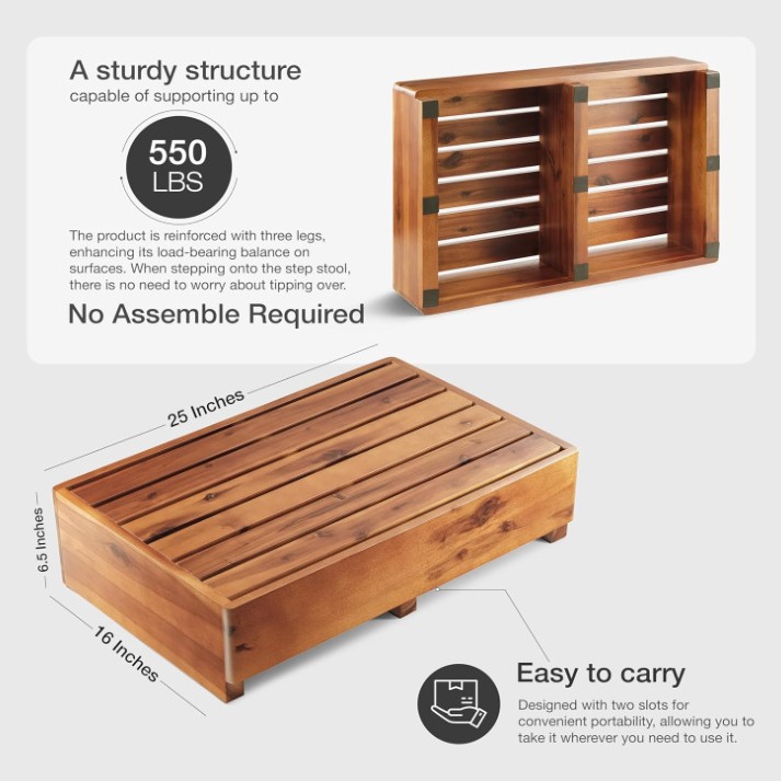 Wooden Step Stool High Ladder Stool Wooden Mobile Step Stool Kitchen Acacia Wood Footrest Bedroom under Bed Wooden Footrest