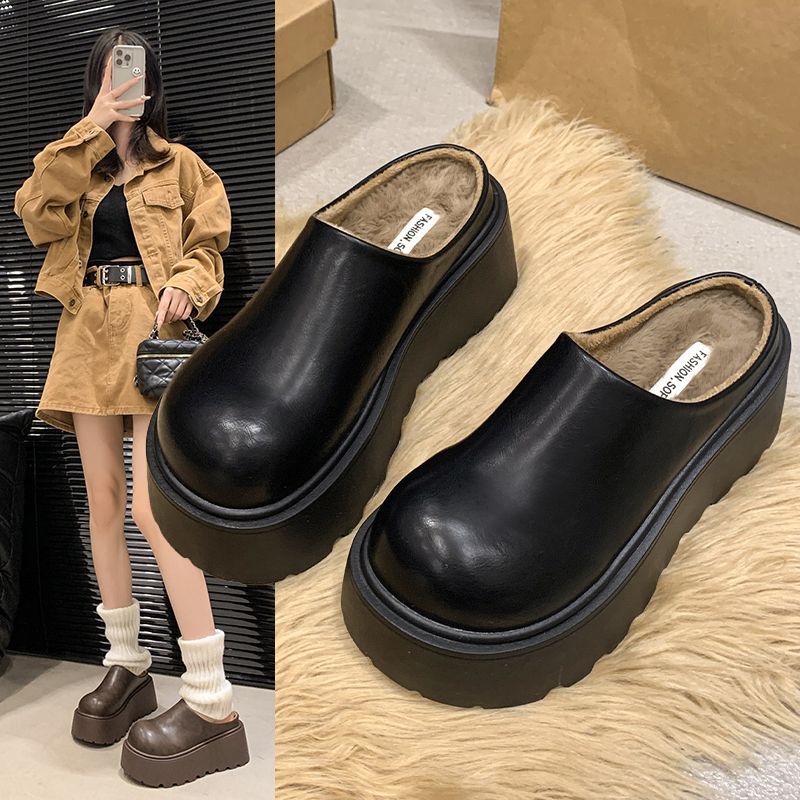 2024 Plush Shoes with Velvet, New Style, Soft Sole, Warm Toe-Toe Slippers, Autumn and Winter Korean Style Women's Fashionable Outer Wear
