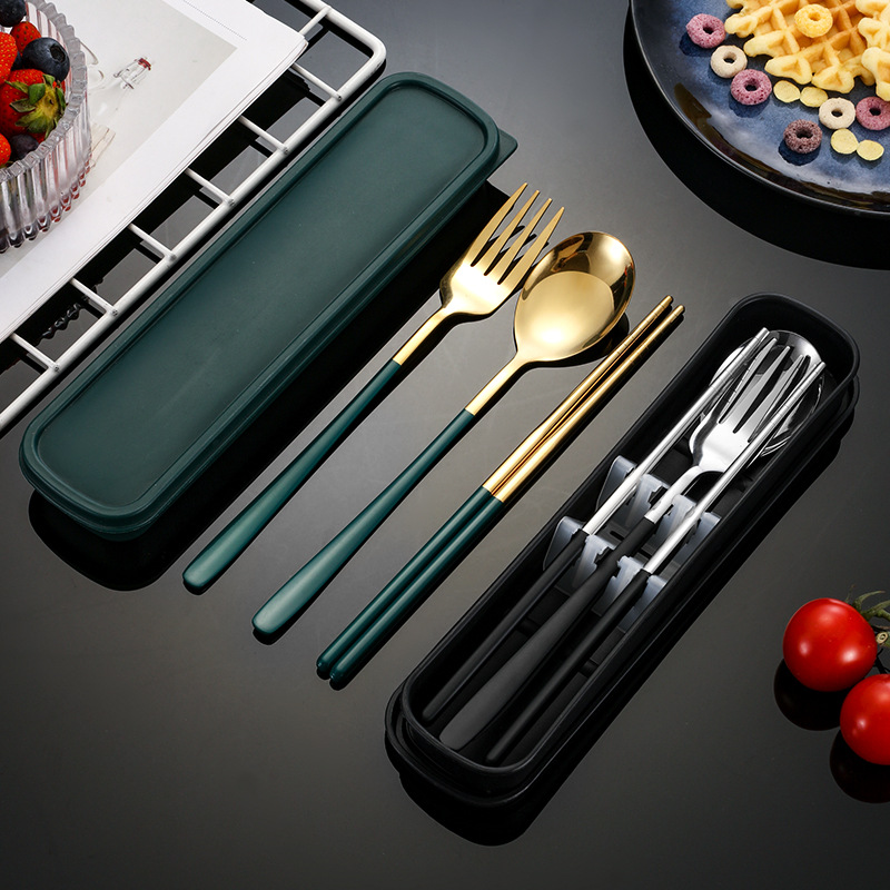 304 stainless steel portable tableware suit Korean tableware fork chopsticks three-piece set student office worker gift suit
