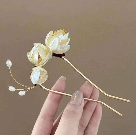 Magnolia Flower U-Shaped Hairpin Wrapped Flower Hairpin Flower Headdress New Chinoiserie Cheongsam Hair Fork Hairpin Ball Head Hair Artifact