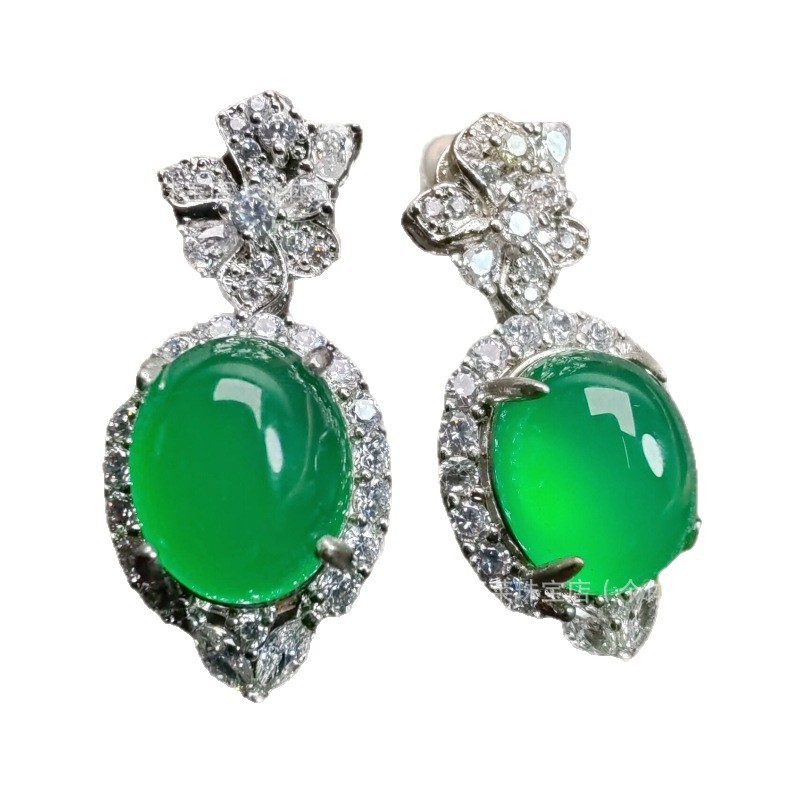 Natural High Ice Green Chalcedony Agate Earrings Silver-Plated Inlaid Small Red Book Style Jade Earrings Earrings Earrings