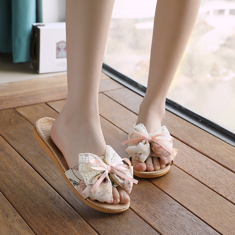 Slippers for Women Summer Indoor and Outdoor Home Linen Floor Non-Slip Office Home Home Cute Bow Sandals Slippers