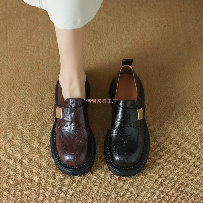 Sheepskin Version ~ 2025 New Retro British Round-Toe Thick-Soled Loafers Hand-Grained Sheepskin Slip-On Shoes for Women