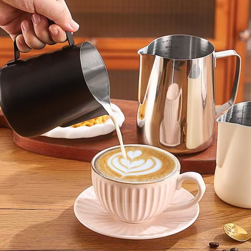 304 Stainless Steel Coffee Latte Art Cup with Scale, Thickened Teflon Milk Frothing Pitcher, Pointed Spout Coffee Cup
