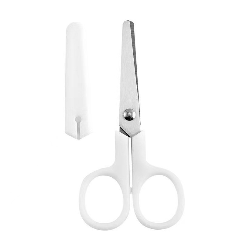 INS style non-printed white handmade small scissors with protective cover for children's safety stainless steel mini scissors