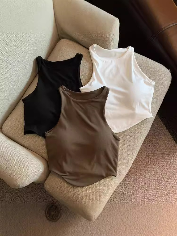 Cross-border American-style Summer Sweet Hot Girl Short Sleeveless Vest with Chest Pad Sexy Beautiful Back Navel Top for Women