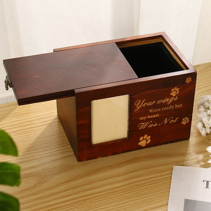 Spot Wooden Pet Urn with Photo Frame Pet Funeral Supplies Dog Commemorative Pet Solid Wood Urn