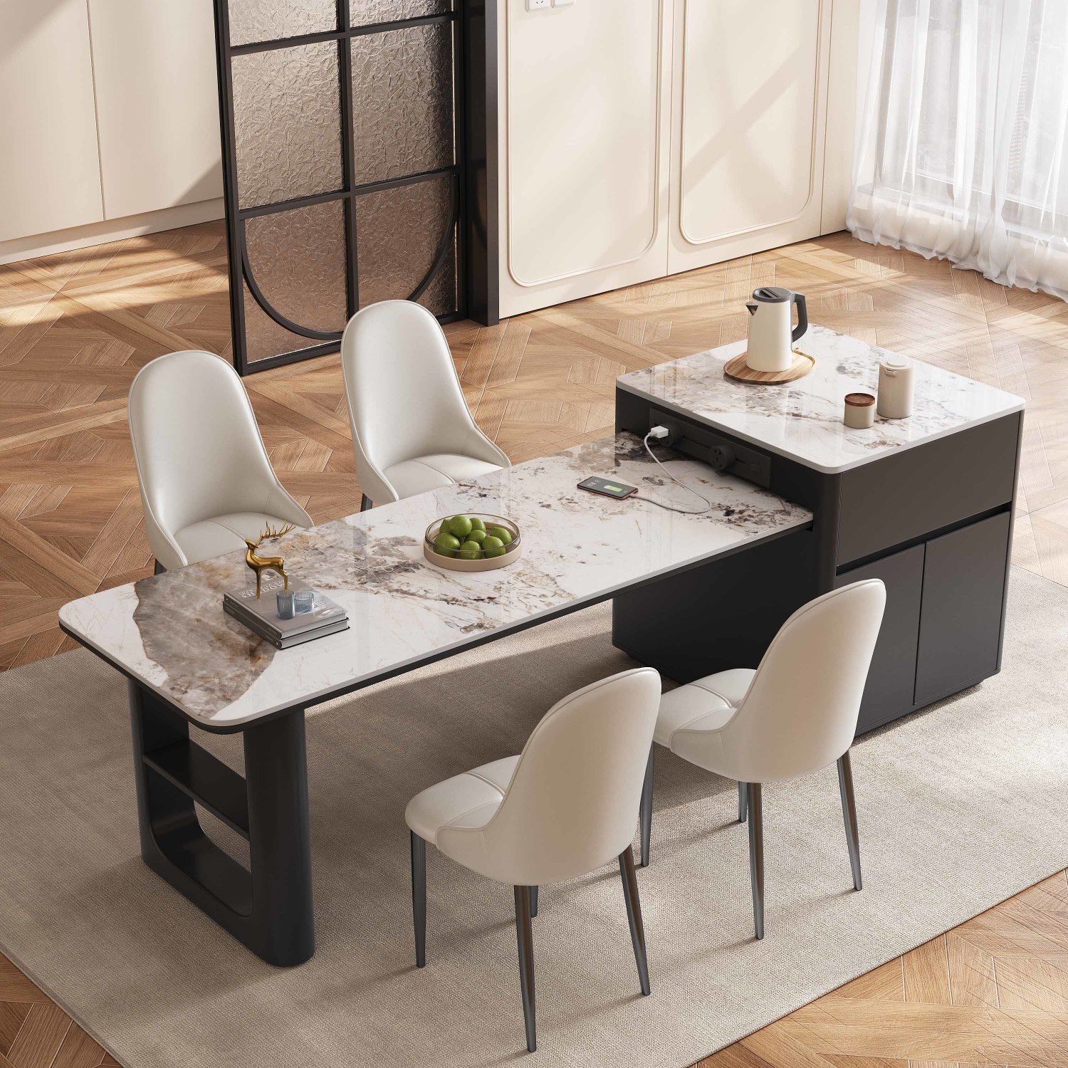 Slate Island Tea Table and Dining Table Dual-Purpose Household All-In-One Retractable High-End Solid Wood Dining Table and Chair Combination Light Luxury Dining Table