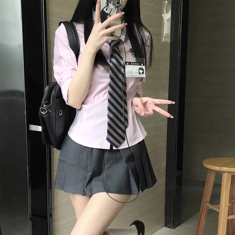 Waist Jk Uniform Shirt Female Pure Lust Sexy Long-Sleeved Female Preppy Style Gray White Shirt Slim Top