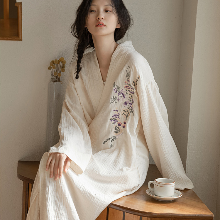 Japanese style women's pajamas cotton gauze nightgown summer thin nightdress Chinese style hanfu embroidered bathrobe sweat steaming clothes