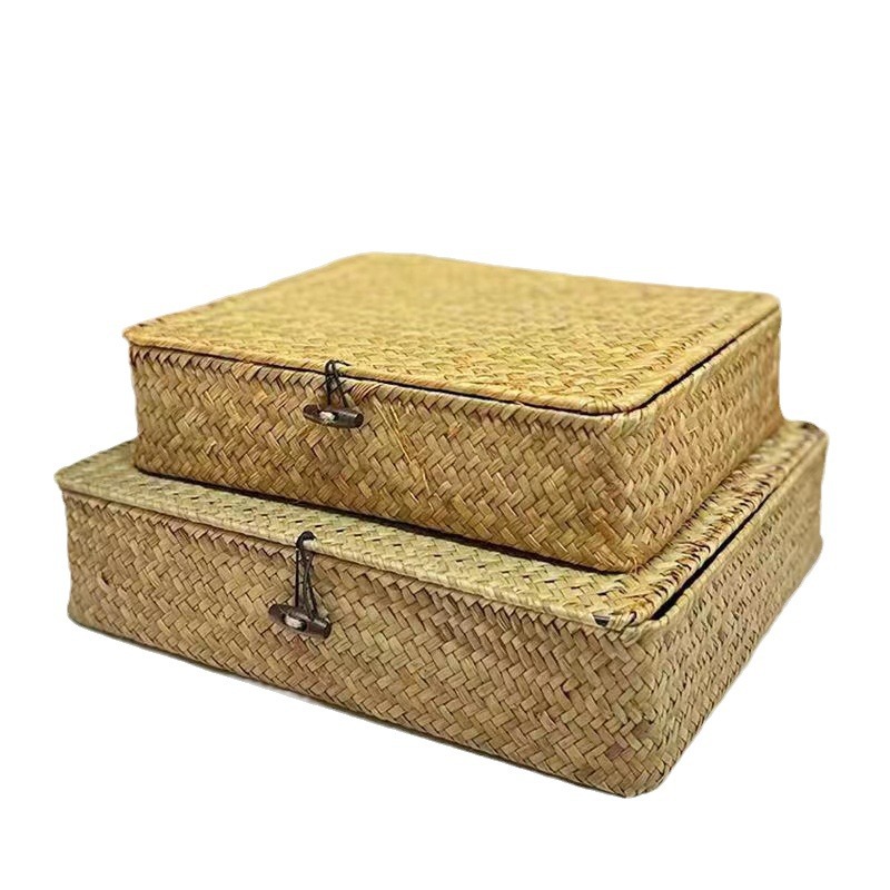 Wholesale hand gift box rattan finishing storage box straw storage box bamboo gift box with lid desktop storage basket