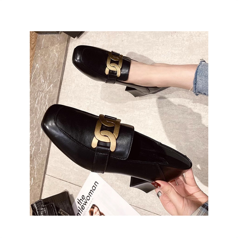 Thick High-Heeled Shoes for Women 2025 Spring New Korean Style Small Leather Shoes French Brown Square Toe Loafers Genuine Leather