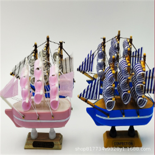 10cm Blue Mediterranean Style Wooden Sailing Cake Ornaments Sailing Model Wooden Crafts Decorative Decoration