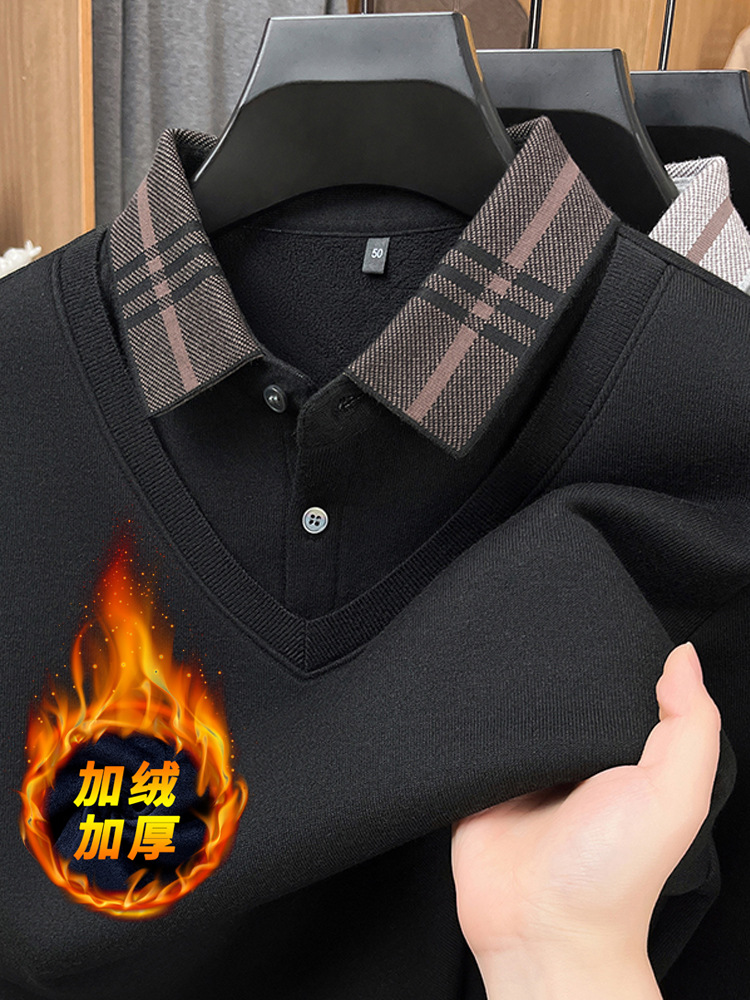 Dad's Winter Sweater with Fleece Lining, Thickened Two-In-One Design for Middle-Aged Men, Casual Shirt Collar, Warm Knitted Base Sweater