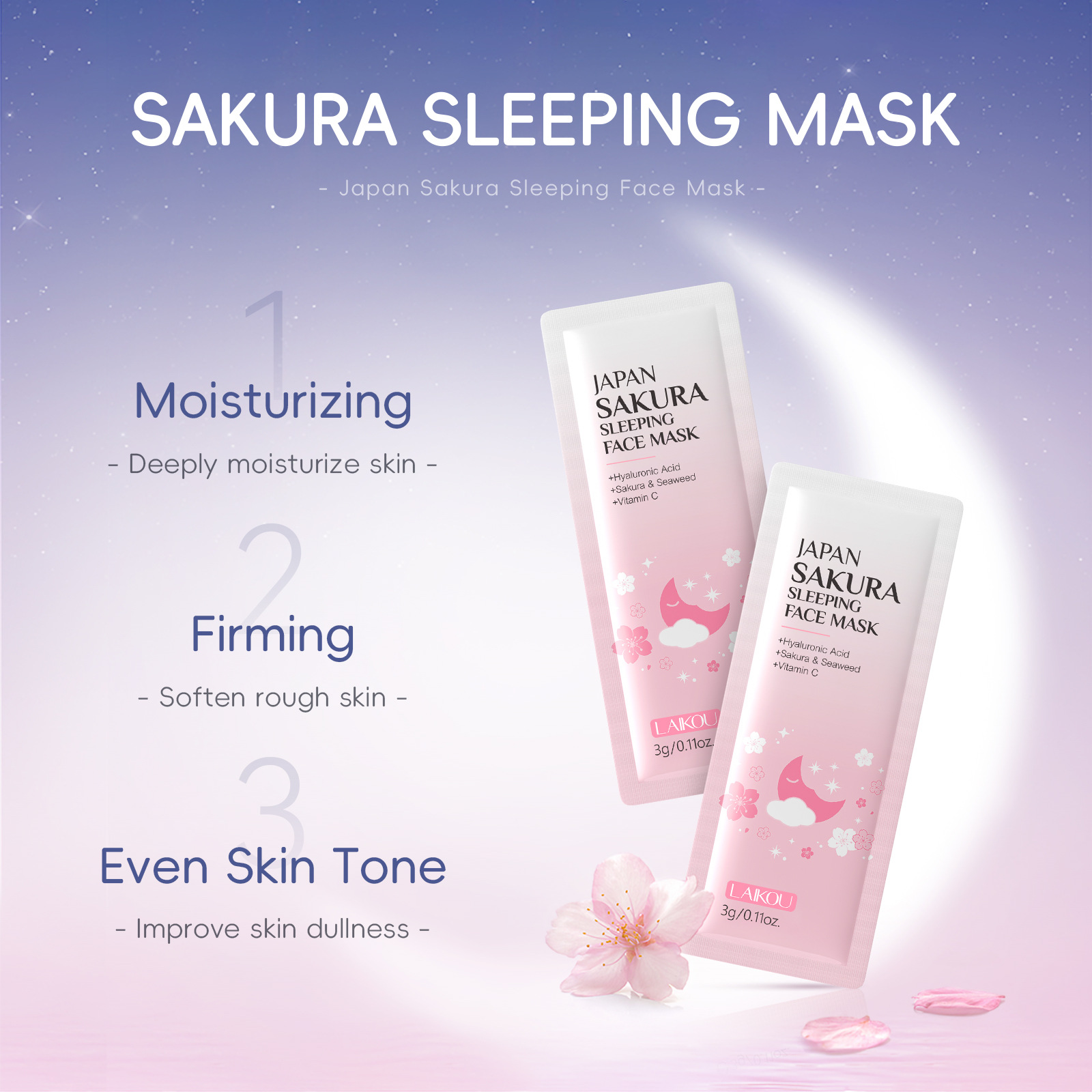 Laikou Sakura Sleeping Mask 1 Piece 3g Cleans Pores Facial Shrimp Skin Full English Sleeping Mask