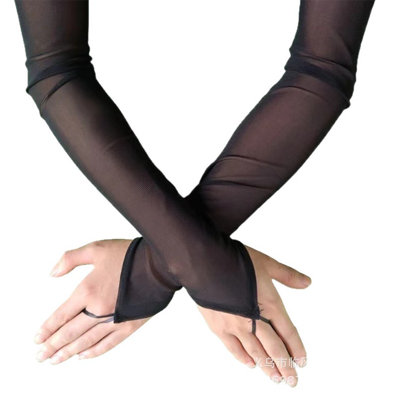 Source Factory Long Mesh Lace Gloves with Rhinestones, Mesh Satin for Disco Performance, Finger Hook Wholesale Sexy Satin