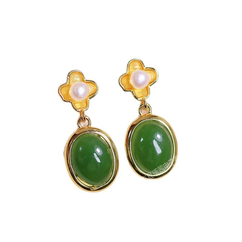 New S925 Silver Ear Hook Earrings Women's Earrings Inlaid with Natural Jade Nanhong Hetian Jade Earrings Supply