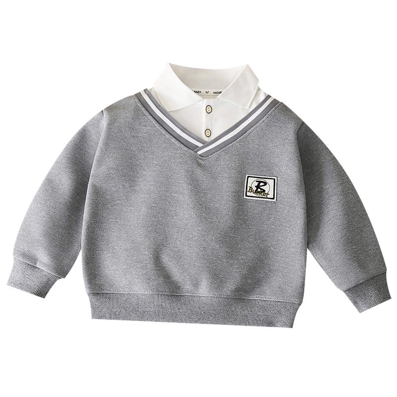 Autumn and Winter fleece-lined Boys Lapel POLO Shirt New Thickened Sweater British Style Fake Two-piece All-match Fashion for Middle and Big Children