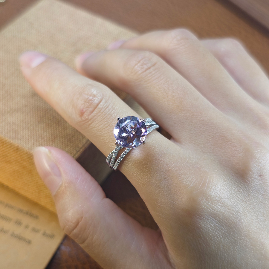 Live Popular S925 Sterling Silver Natural Colored Gemstone Amethyst Ring Bolivia Light Luxury Simple Ring