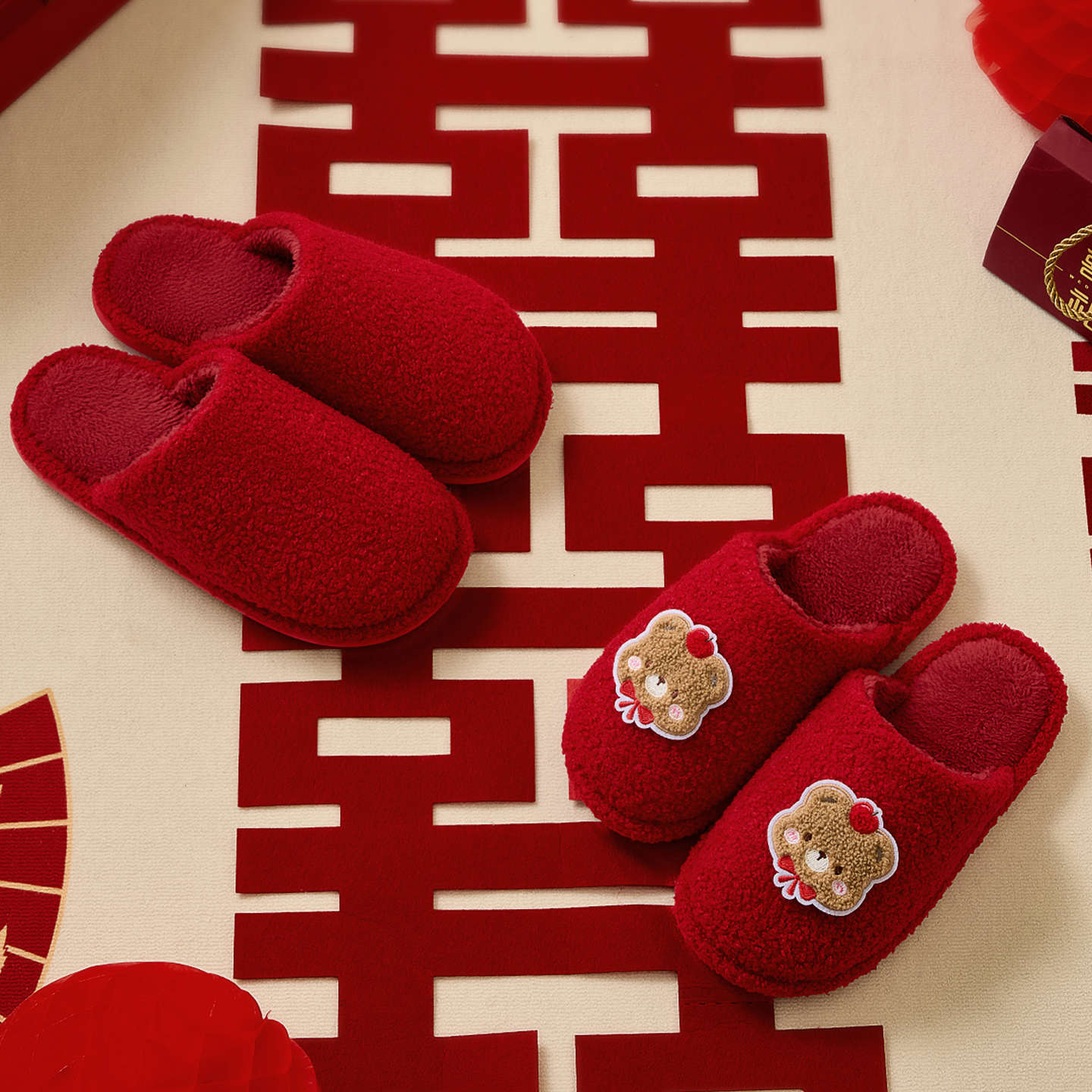 Свадебные тапочки, стиль для молодоженов высокого класса, приданое невесты и жениха, праздничная пара красных хлопковых тапочек, доступная роскошь свадебной обуви