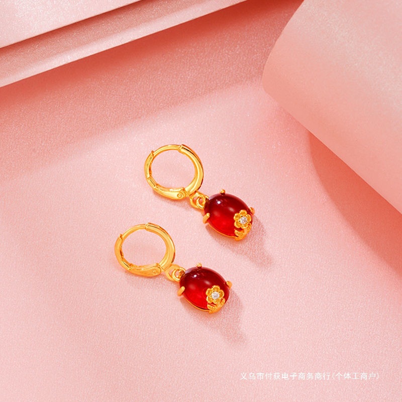 Authentic Vietnamese Sand Gold Inlaid Flower Gemstone Ring Earrings Necklace Jewelry Women's Stall Jewelry Luxury Set Long-Lasting