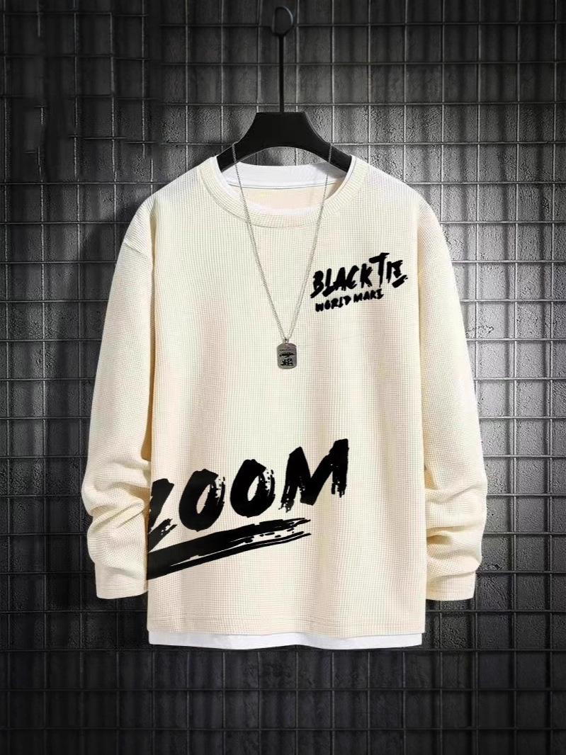 Waffle Men's Fake Two-Piece Spring and Autum Sweatshirt Large Size Fat Loose Slim Long-Sleeved T-Shirt Top Bottoming Shirt