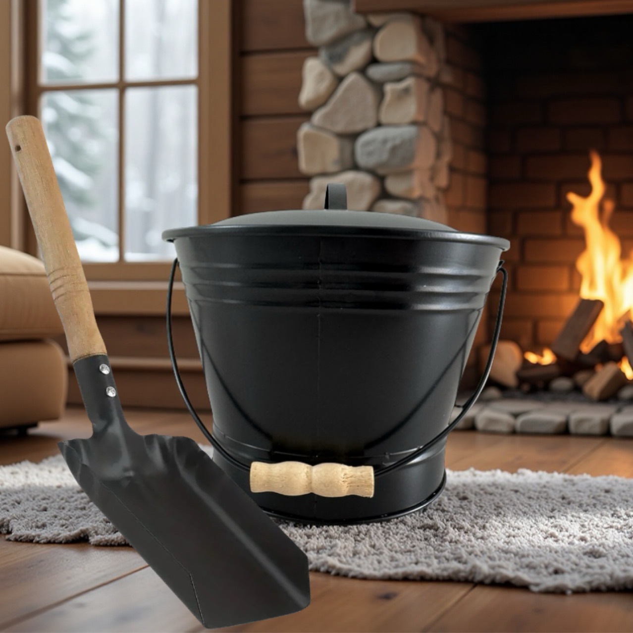 Cross-Border Amazon Home Fireplace Shovel Ash Barrel Round Barrel Ash Wood Iron Barrel and Shovel Two-Piece Set