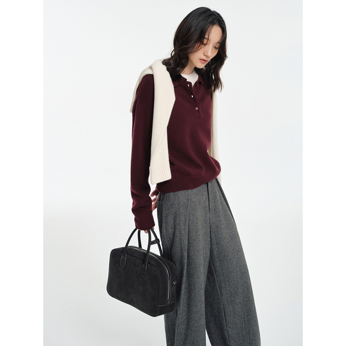 Juslin High-Quality Wool M*Iu Layered Retro Versatile Polo Lapel Knitted Sweater K1113