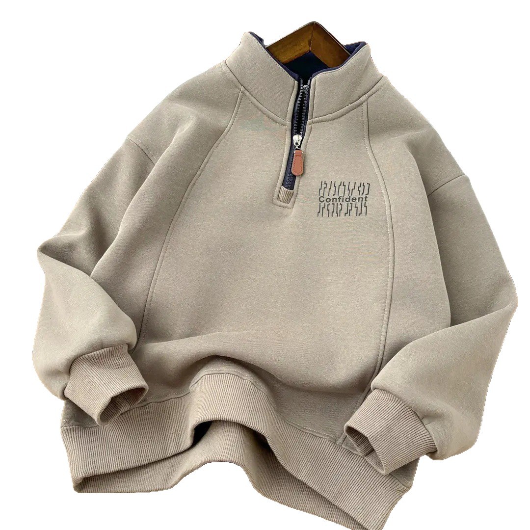 Boys' Fleece-Lined Windproof Sweatshirt Autumn and Winter 2025 New Children's Stand Collar Thickened Top for Older Children, Warm Long-Sleeve Trendy