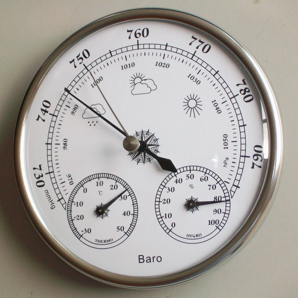 Thb9392S-12.8Cm Silver Ring White Surface Three-In-One Weather Station (Thermometer, Hygrometer, Barometer)