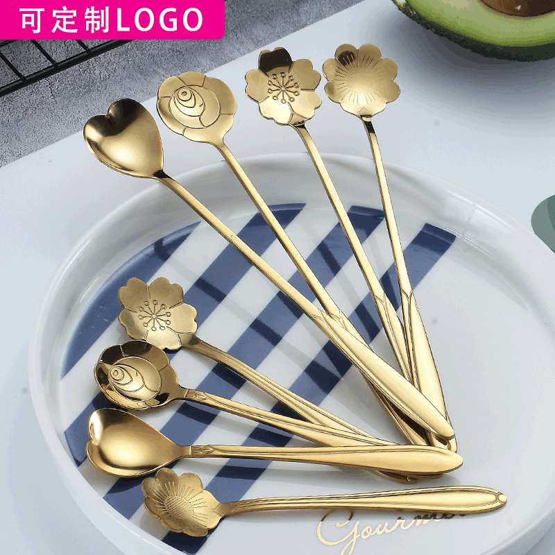 Stainless Steel Coffee Spoon Rose Heart-Shaped Cherry Blossom Long Handle Stirring Small Spoon Golden Bird's Nest Wedding Souvenir