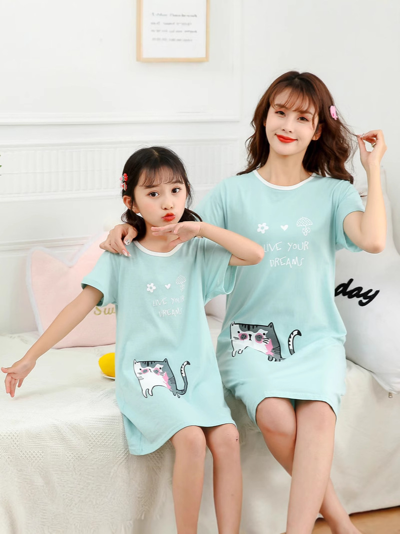 Children's Home Clothes Summer Thin Girl's Little Girl's Cute Cartoon Short-sleeved Pajamas Pure Cotton Parent-child Loose Nightgown