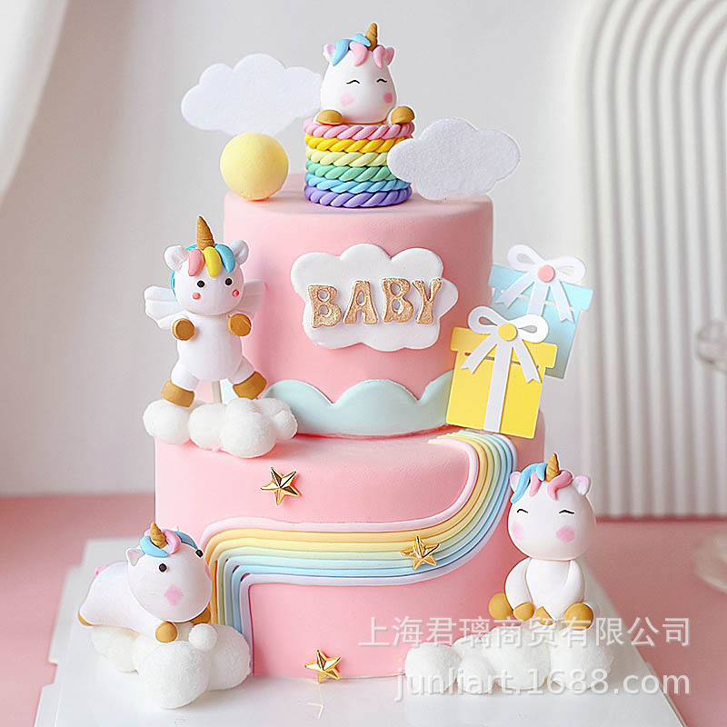 Cake Baking Decoration Cartoon Soft Pottery Unicorn Basket Cloud Balloon Birthday Gift Box Decoration Dessert Table Cloth