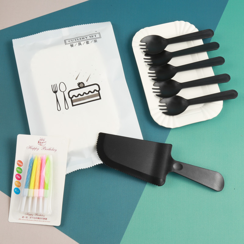 Birthday Cake Tableware Fork Spoon Set Whole Piece Plastic Disposable Cake Knife and Fork Plate Baking Knife, Fork and Dish Four in One