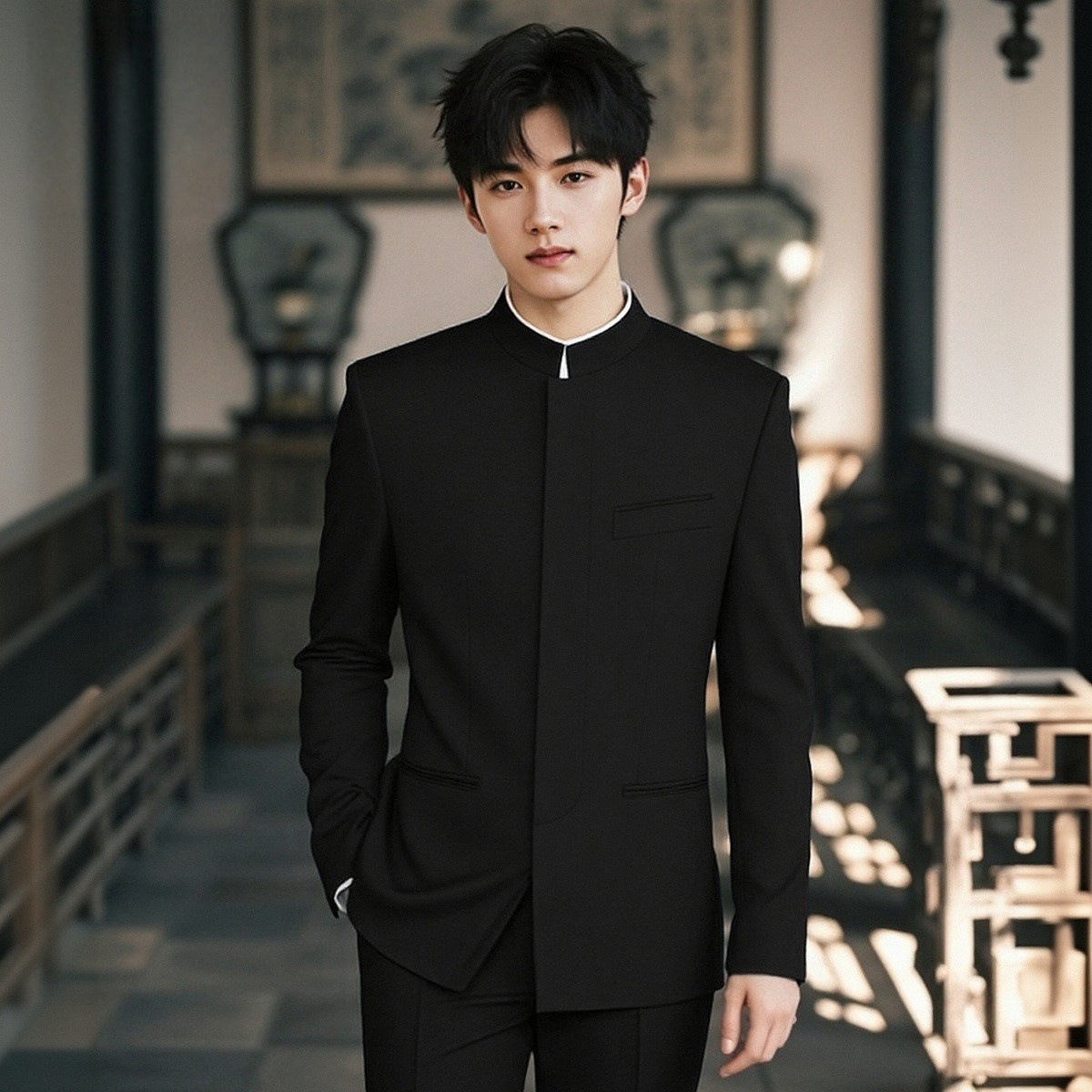 Новый китайский стиль осенне-зимний костюм с стойким воротником для мужчин, свадебный и обручальный костюм с скрытой пуговицей, приталенный костюм Чжуншань