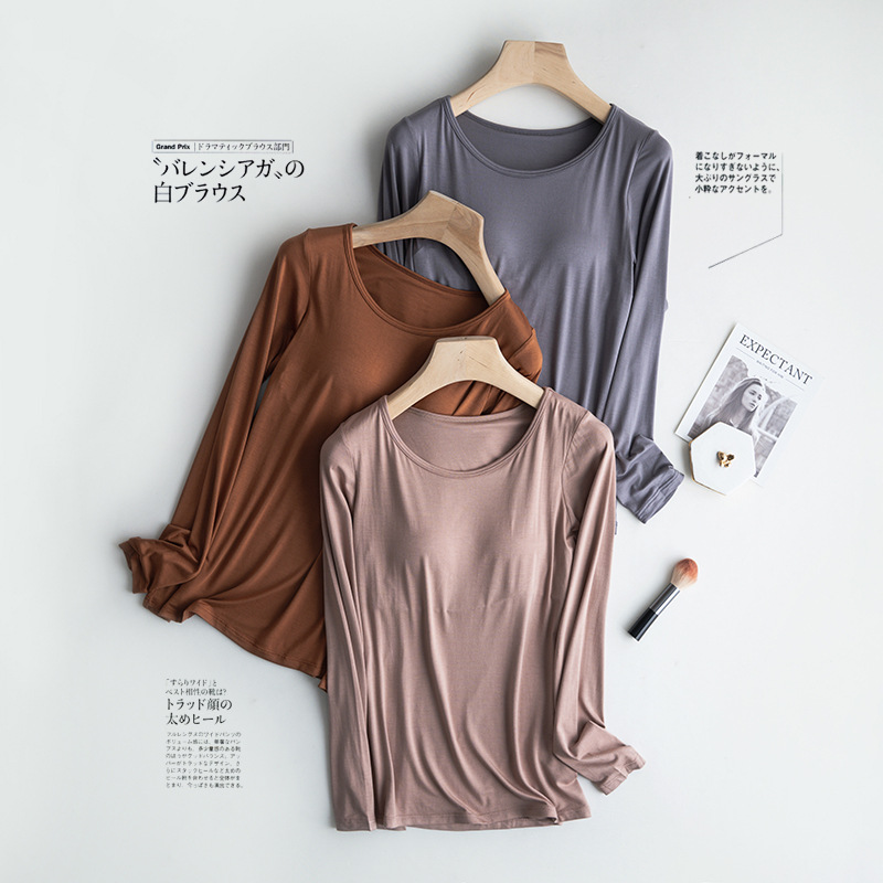 Modal women's long-sleeved T-shirt with chest pad bra-free wireless round neck yoga pajamas underwear slim bottoming shirt