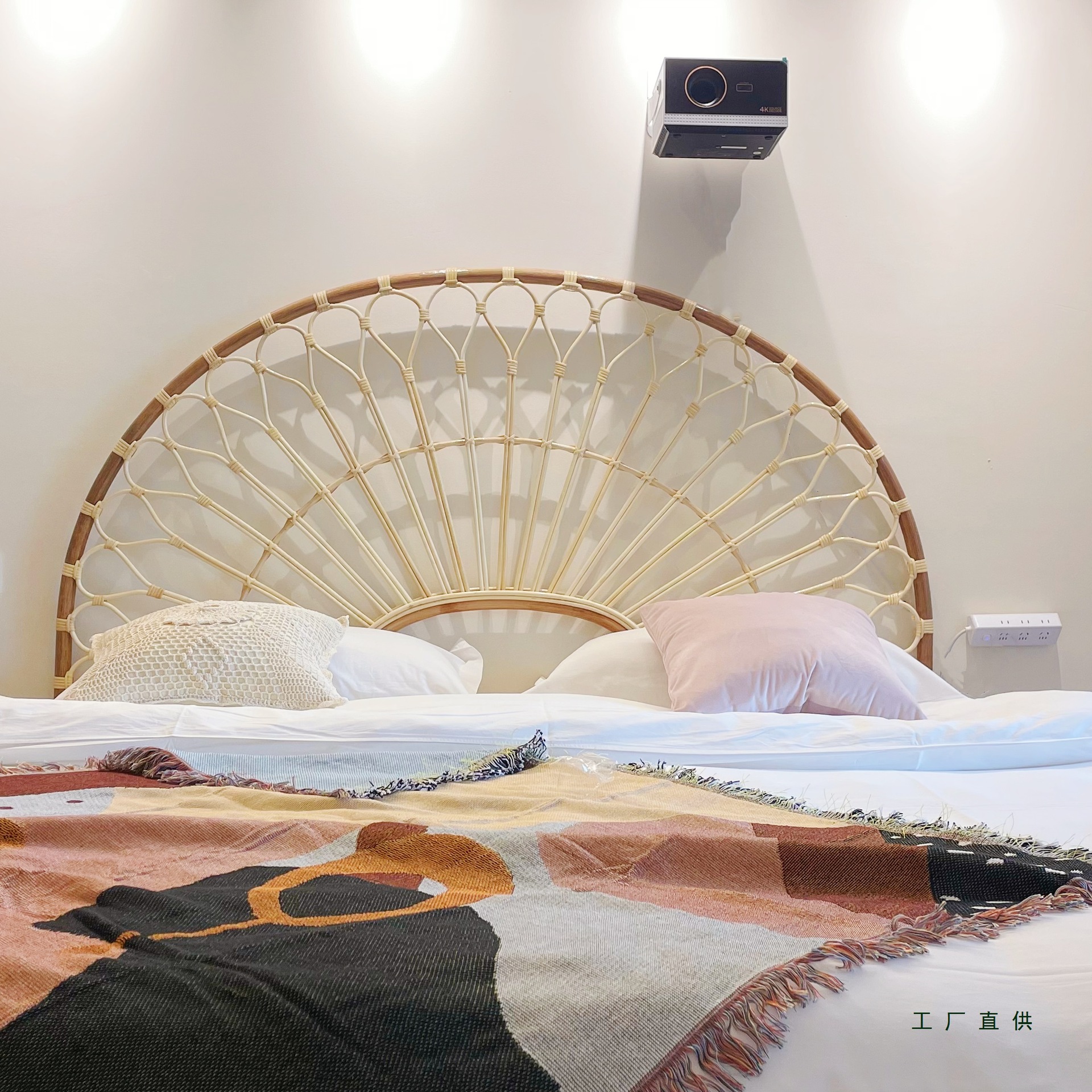 Scandinavian Rattan Bed Art Rattan Woven Bed Double Bed Hotel Homestay Headboard Bed Screen Creative Ins Princess Bed