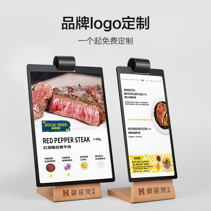 Wooden Menu Loose-Leaf Table Card Promotional Display Stand Beech Wood Standing Table Sign Price Meal L-Shaped Bevel Flip Table Card
