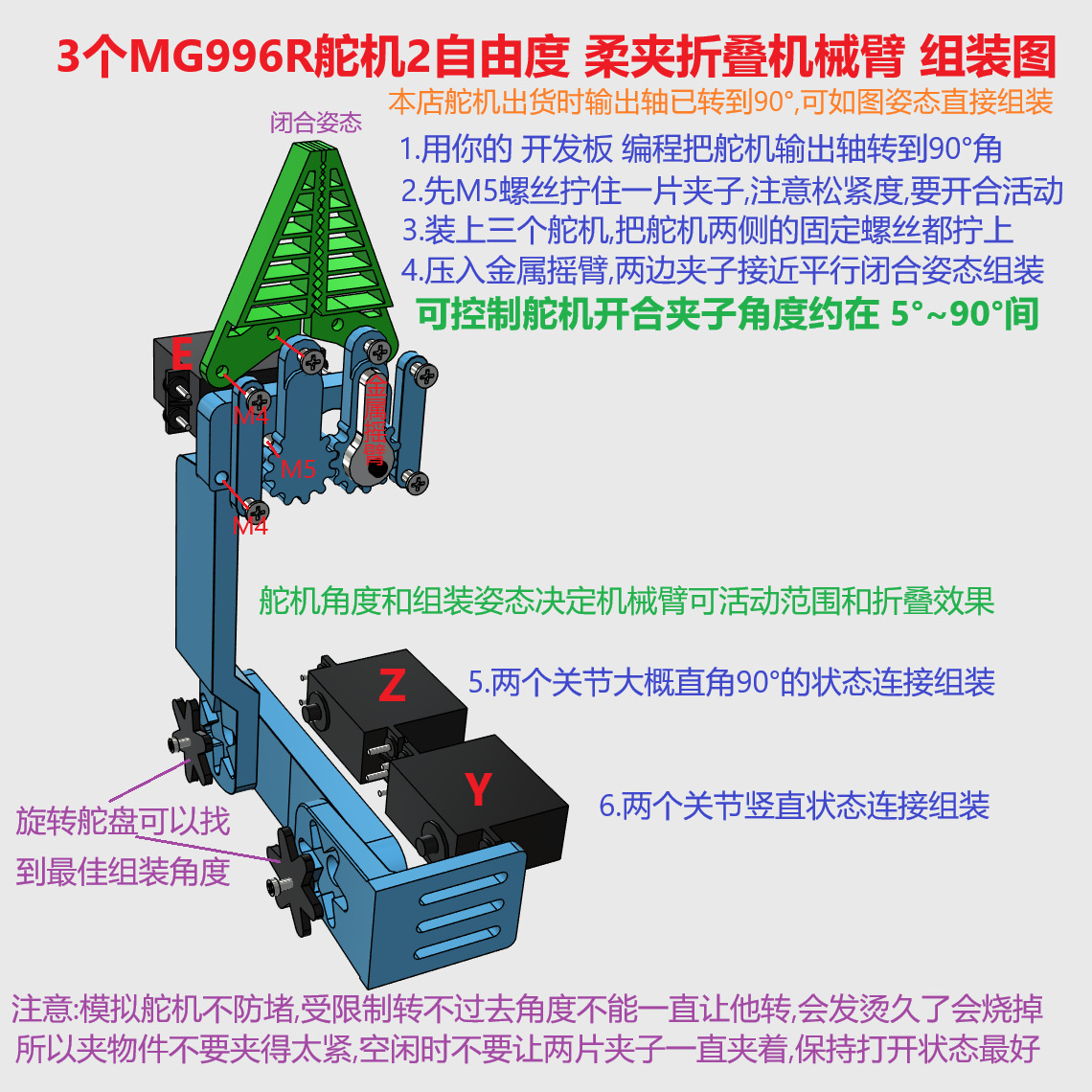 Three-Axis 2-Degree-Of-Freedom Mg996R Robotic Arm Tpu Flexible Clamp Mobile Platform Smart Car Foldableing Robot Claw
