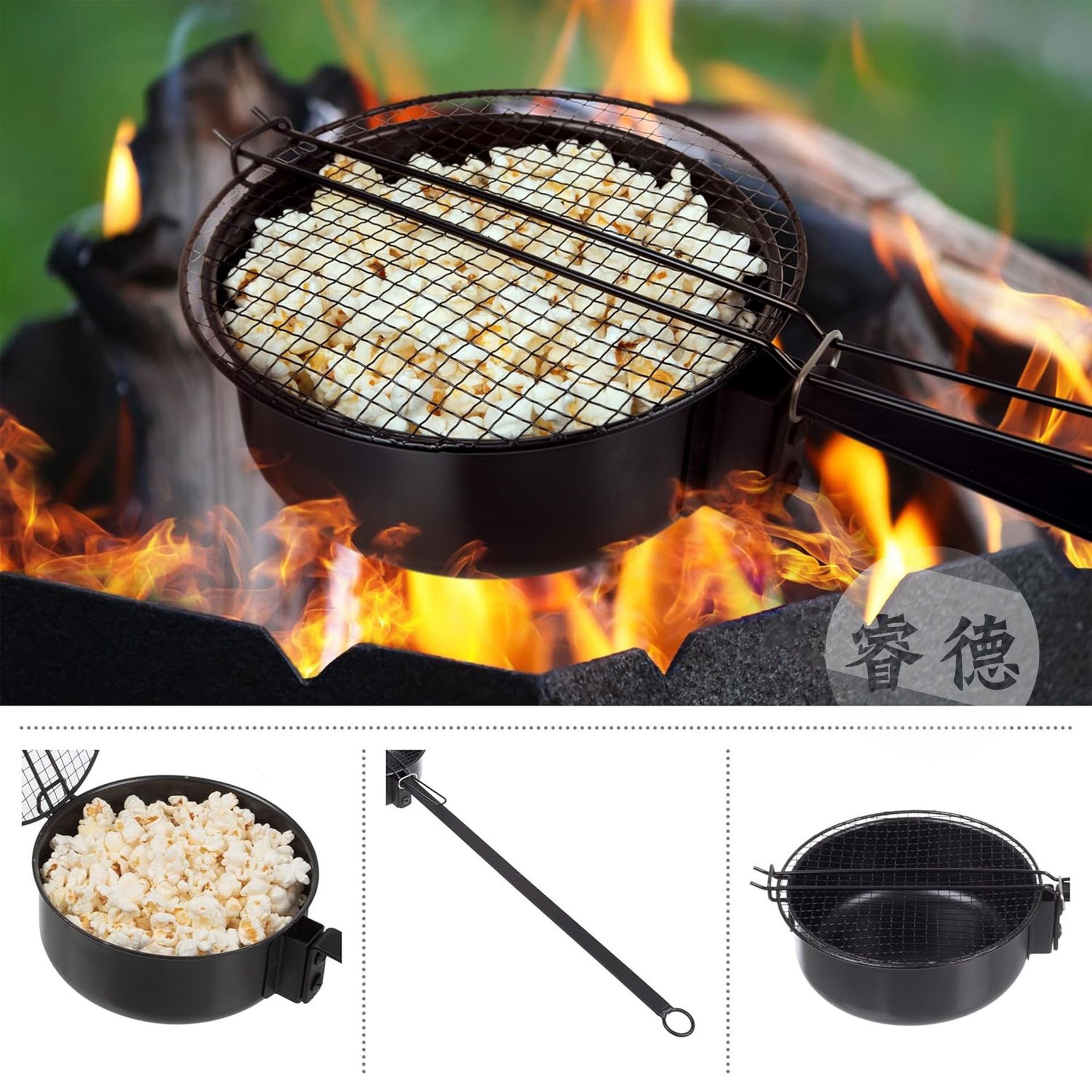 Outdoor Camping Portable Cookware, Camping Extended Handle Popcorn Pot with Mesh Lid, Non-Stick Paint for Soup, Stew and Baking
