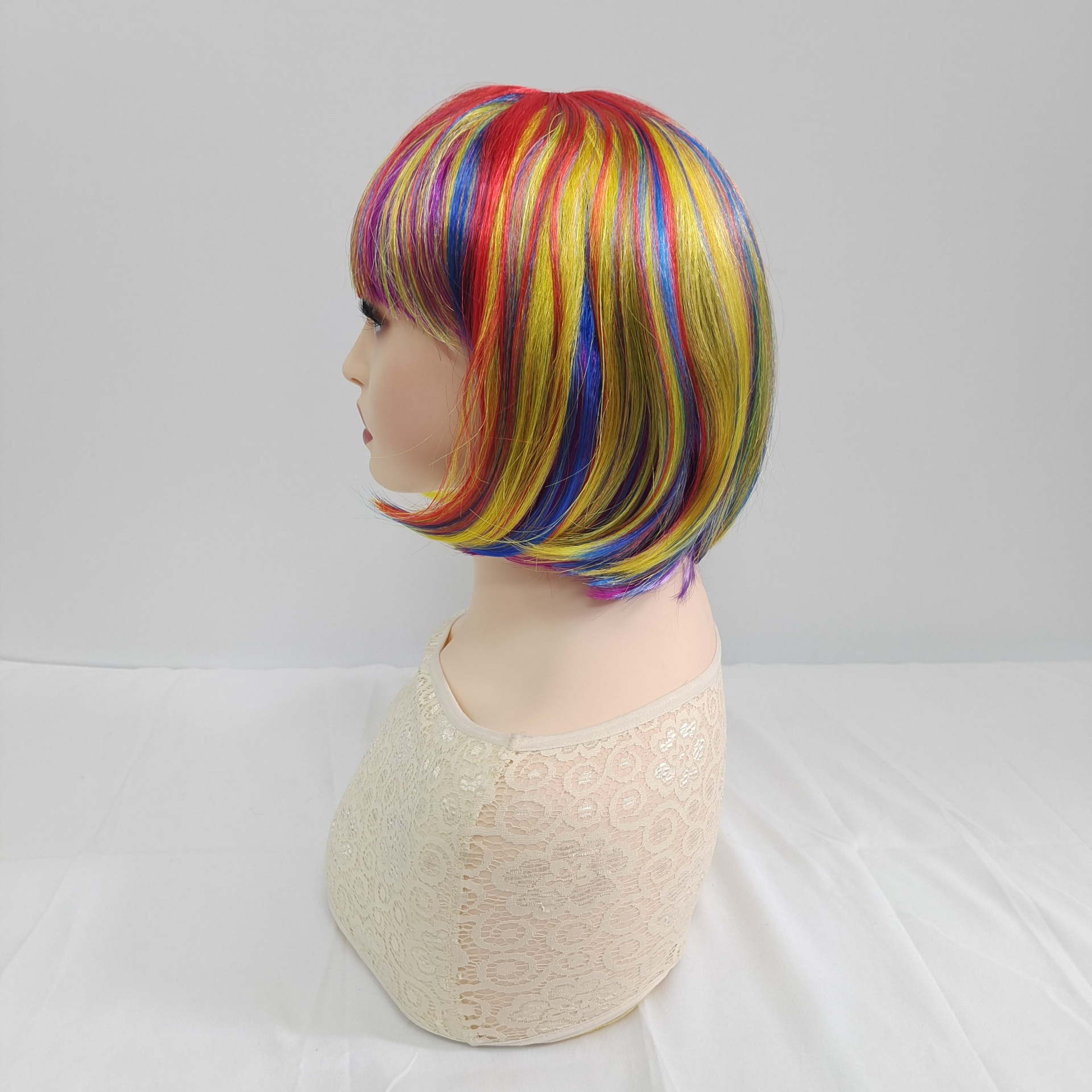 Manufacturer Wholesale Foreign Trade European and American Fashion Women's Colorful Rainbow Short Straight Hair Middle-Part Bob Wig Headgear