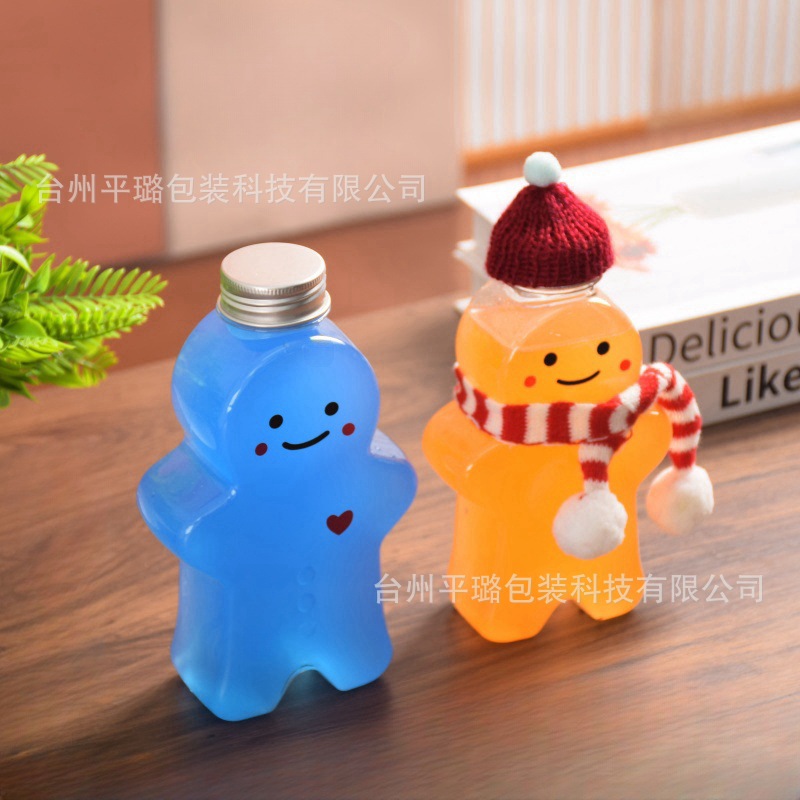 Factory Direct Supply 400ml Trendy Food-Grade Pet Packaging Beverage Bottle Milk Tea Cup Gingerbread Man Milk Tea Bottle