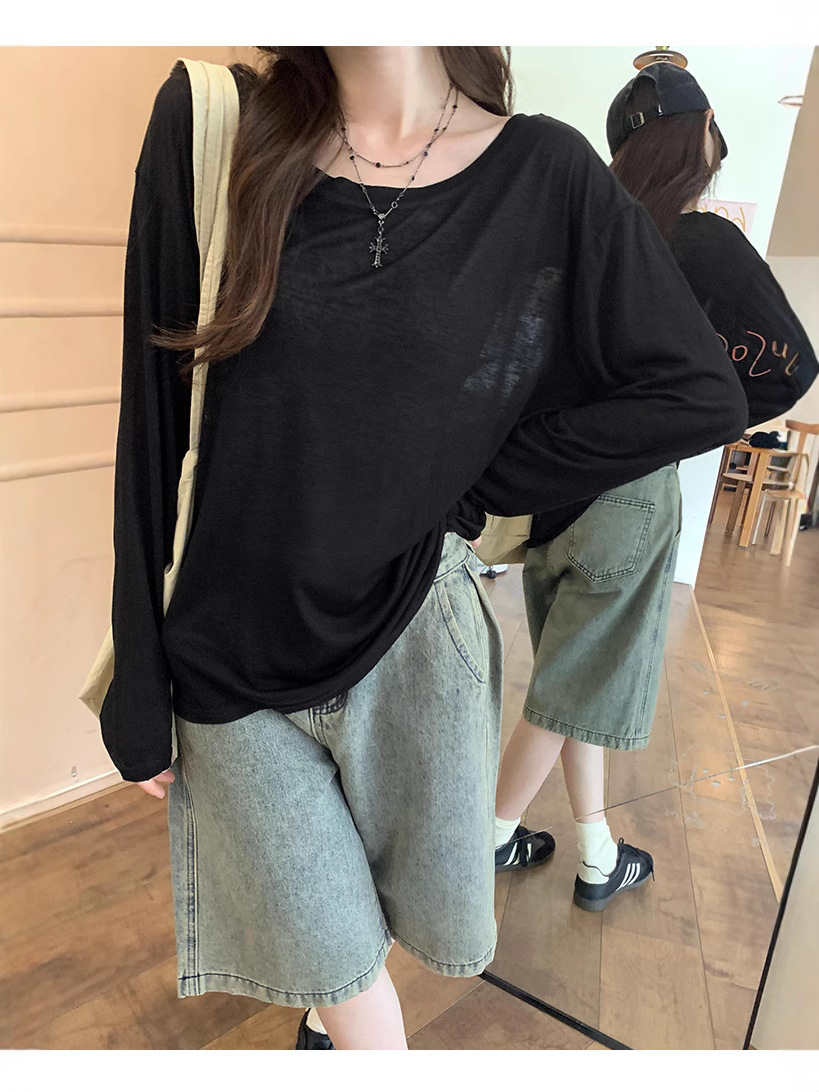 Spice Girls Sunscreen Blouse Women's Summer 2025 New Solid Color Long Sleeve T-Shirt with Slant Shoulder Vibrant Tulle Top