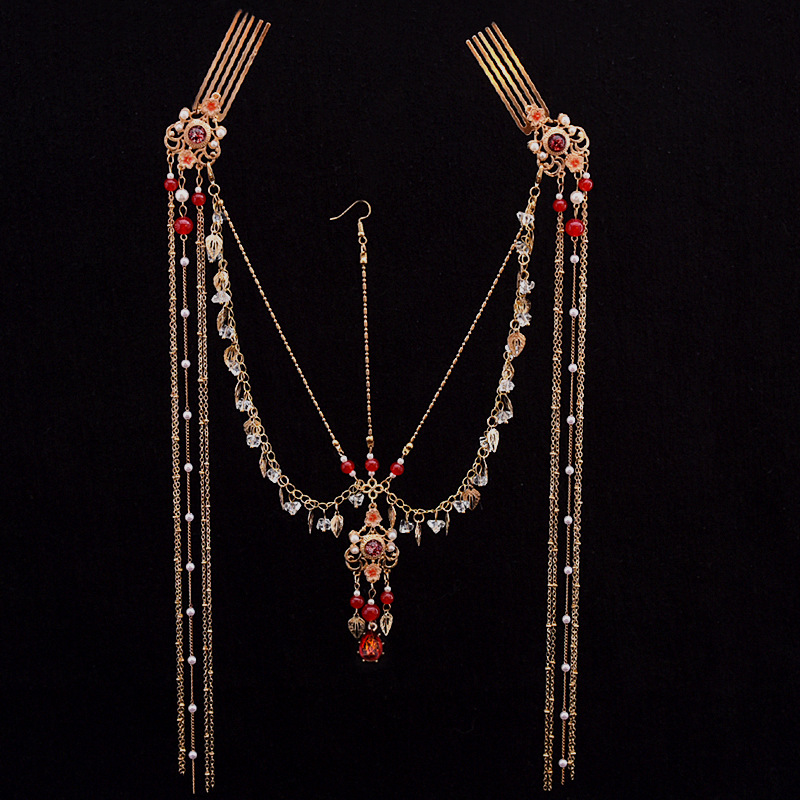 Antique new Bohemian headdress dance eyebrow chain net red rhinestone forehead photo silver exotic headdress