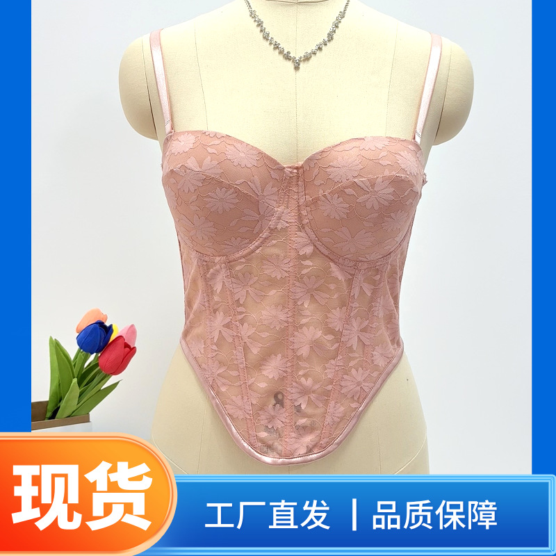 Wholesale Custom Mesh Fishbone Bra Jacquard Lace Women's Vest Foreign Trade Sexy Camisole Vest-Style Bra Push-Up
