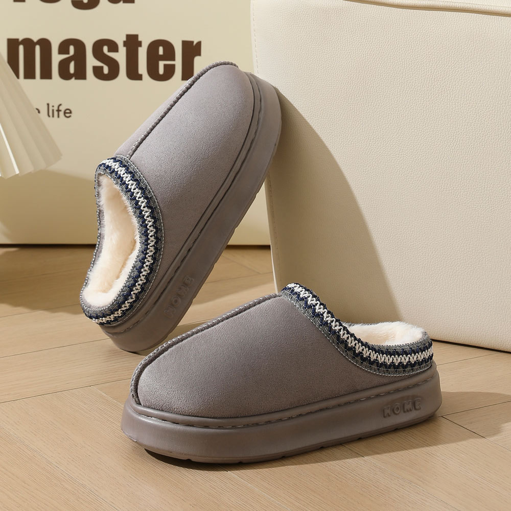 Cross-Border New Autumn and Winter Pure Color Lace Fashion Cotton Slippers for Women Wholesale Eva Thick-Soled Indoor Warm Slippers Winter