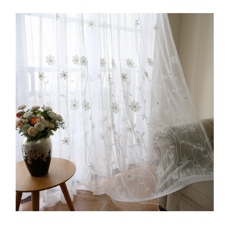 High-End Embroidered White Gauze Curtain, Retro Literary Semi-Blackout Curtain Gauze, Luxury Living Room Balcony Partition Gauze Curtain