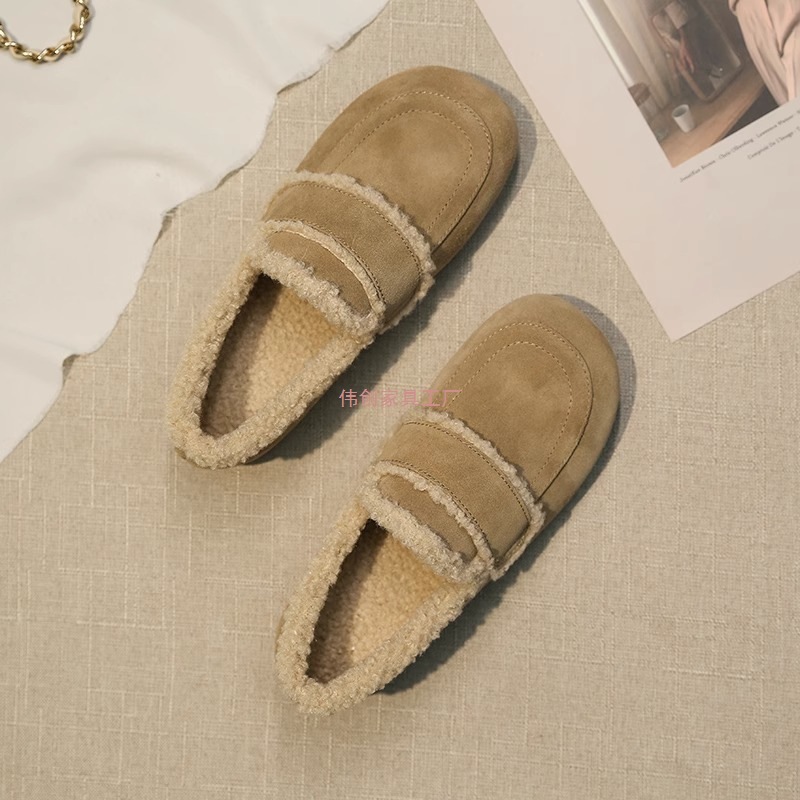 Doudou Fur Shoes for Women's Outer Wear 2025 Autumn and Winter New Flats Birkenstock Shoes Retro One-Leg Fleece-Lined Cotton Shoes