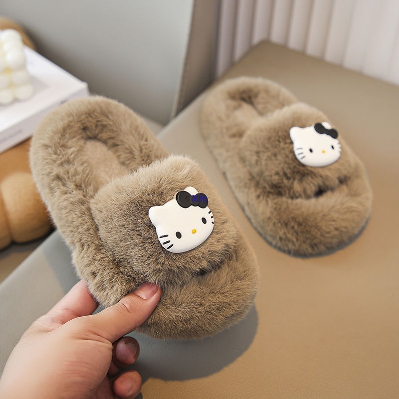 Hello Kitty Stuffed Furry Slippers Outerwear Children's Shoes 2023 Autumn Children's Home Girls Cute Princess Cotton Slippers