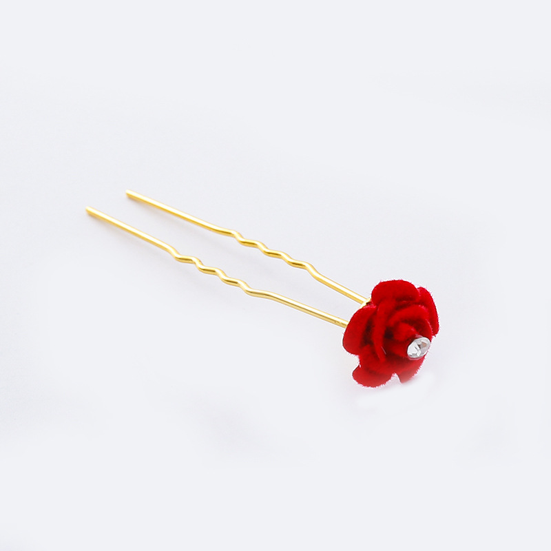 Burgundy Rose Bud Versatile U-Shaped Hair Fork Ball Headband Flower Bride Chinese Dress Style Hairpin